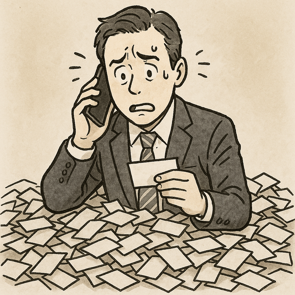 サラリーマンが名刺に埋もれている